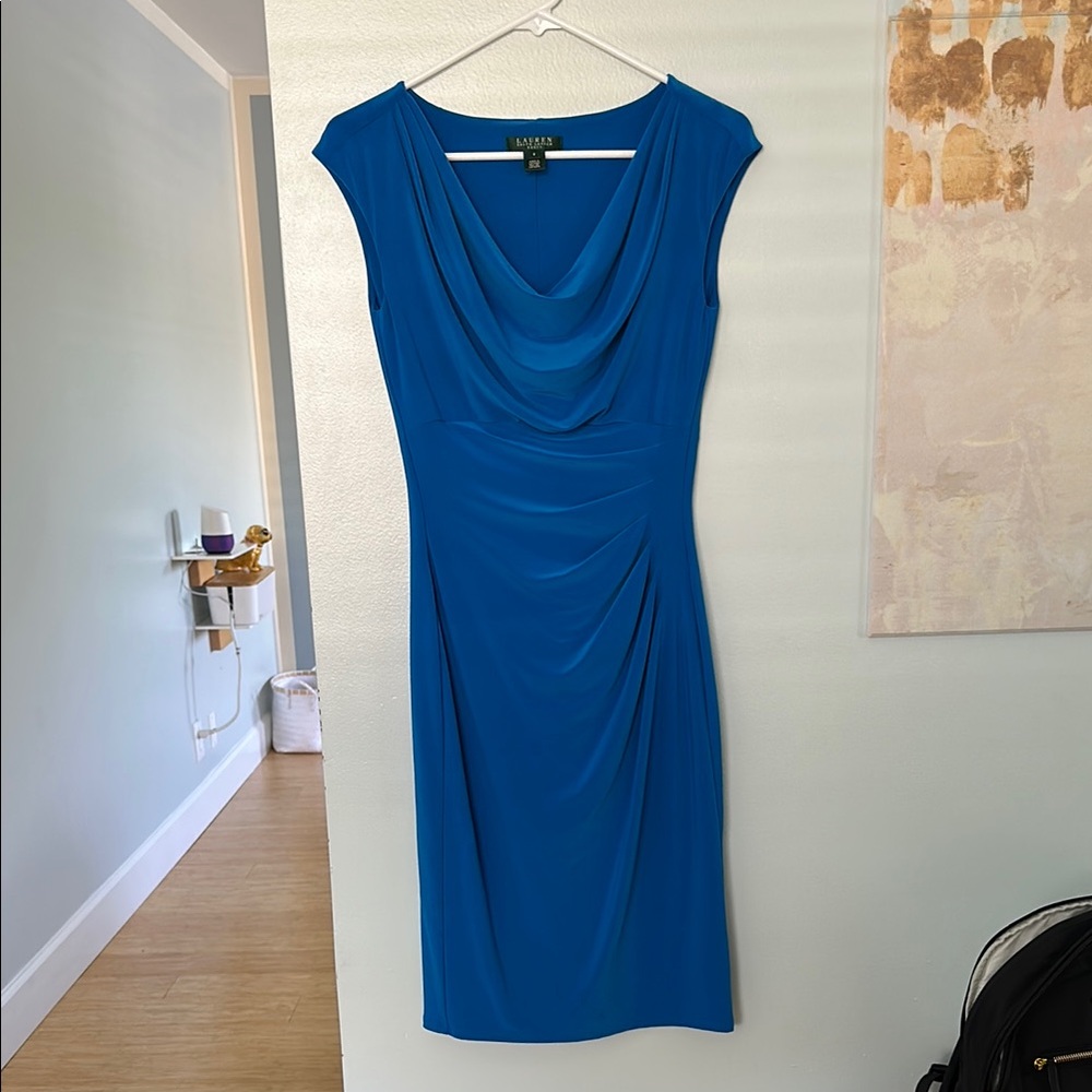 Ralph Lauren Blue Ruched Cowl Neck Sheath Dress